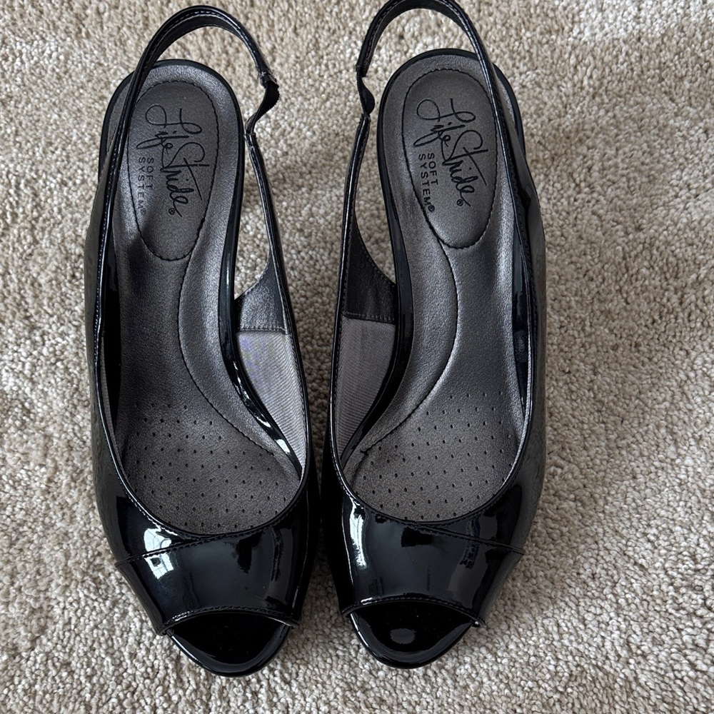 Life Stride Black Patent Peep-Toe Slingback Heels
